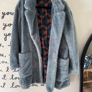 Anthropologie Blue Gray Faux Fur Coat